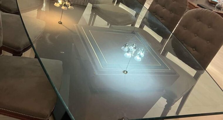 طاولة سفرة ثمانية كراسى طاوله زجاجه قاعده ثابته خش